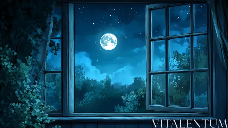 Full moon illuminates quiet forest beyond open window