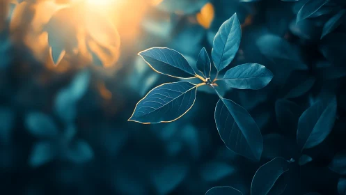 Close-up of Green Leaves with Warm Sunlight in Moody Style.