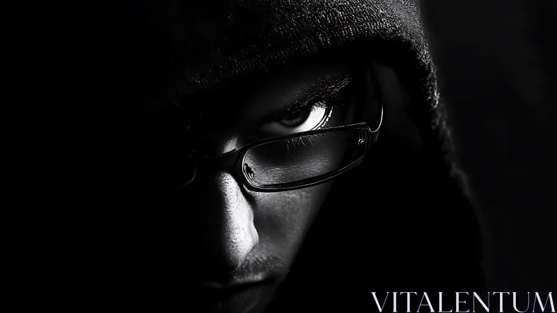 Moody hooded portrait with thoughtful gaze in deep shadow.