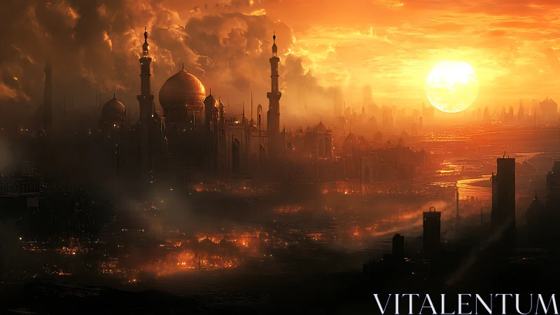 Digital cityscape depicts domed skyline under low sun