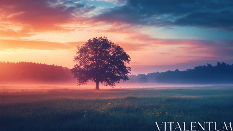 Solitary tree in misty field at vibrant sunrise.