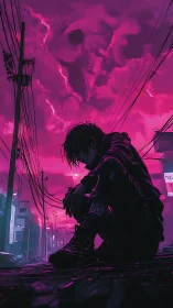 Neon dusk loner beneath storm skull clouds and wired sky.