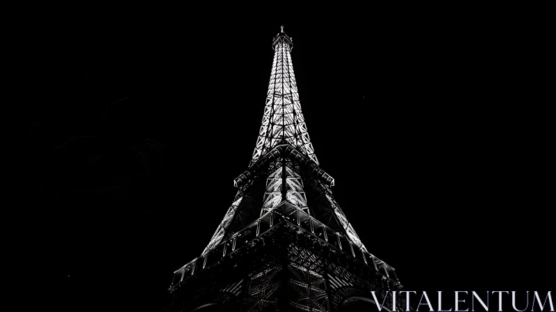 Monochrome Eiffel Tower night study from low vantage point.