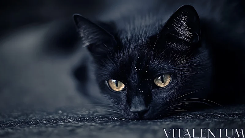 Black feline with aureate irides exhibits marked photographic tonality and atmospheric depth