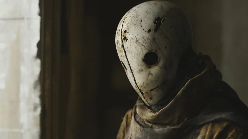 Weathered masked figure stands in dim, desolate interior.