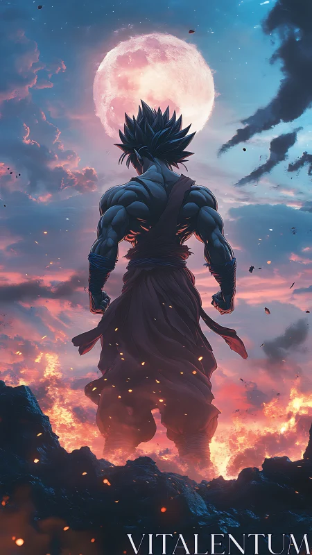 Celestial warrior silhouette before supermoon over magma field