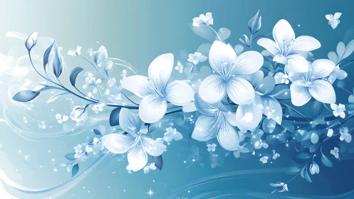 Blue and white floral composition with soft-focus petals and flowing botanical elements throughout g