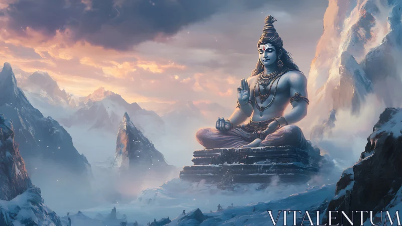 Lord Shiva in meditative posture amid icy Himalayan peaks
