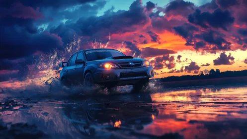 Rally car storms through water under blazing sunset sky