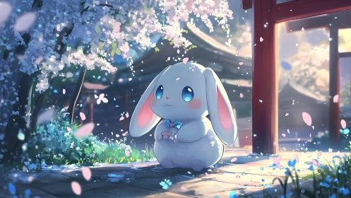 Soft-lit chibi rabbit under blooming sakura with atmospheric depth
