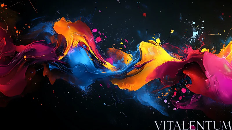 Dynamic chromatic paint waves collide across a dark ground