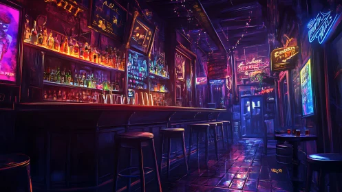 Neon drenched bar glows with cozy late night city energy