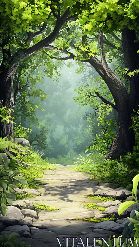 Luminous Forest Path Through Ancient Trees.