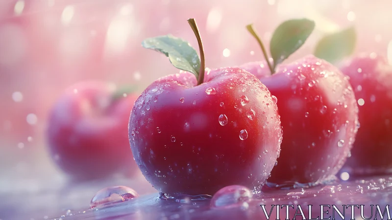 Dewy red apples in soft pastel light, hyperreal style.