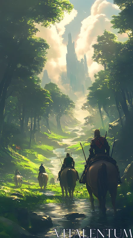 Riders follow sunlit forest stream toward distant spires.