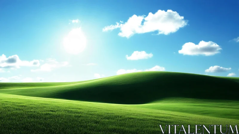 Sunlit emerald hills rolling under polished blue skies.