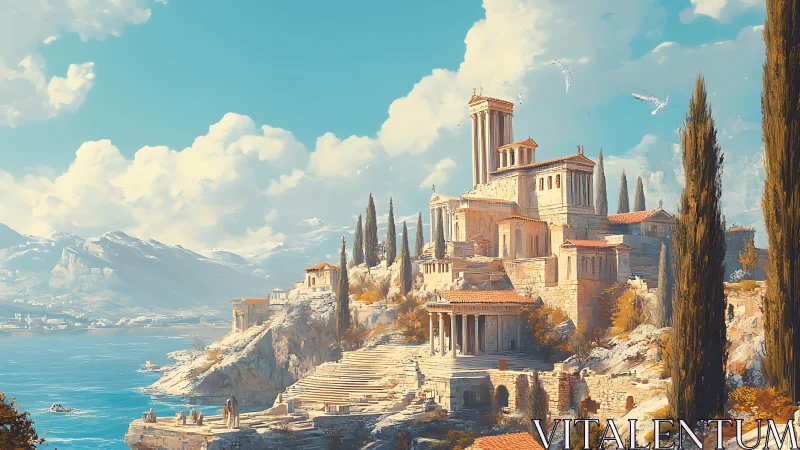 Sunlit neoclassical cliffside acropolis rendered in digital paint