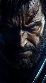 Intense bearded warrior stares forward in moody blue light
