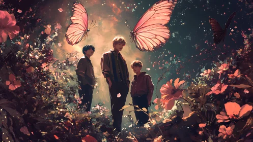 Butterfly-lit trio wandering through luminous dream garden.