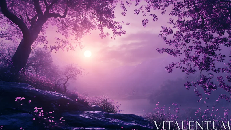 Dreamy violet forest welcomes a gentle sunrise over water