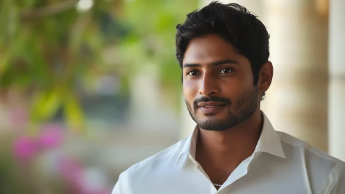 Confident man in white shirt under soft natural light.