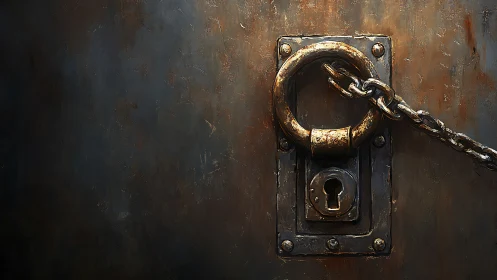 Rusty metal door lock with chain on dark textured surface.