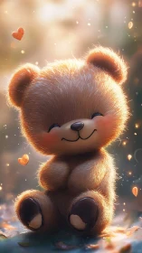 Glowing plush teddy bear in dreamy golden bokeh forest.