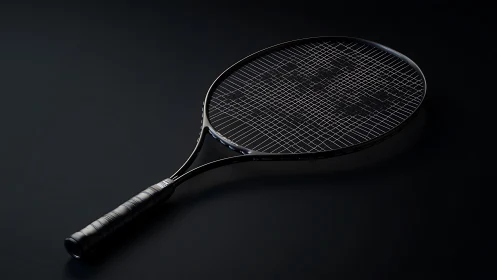 Sleek black tennis racket rests on dark reflective surface.