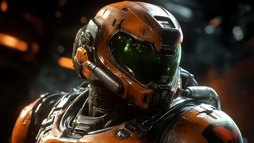 Parametric orange exosuit helmet with reflective visor array.