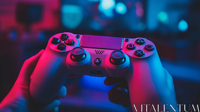 PlayStation Controller Held with Neon Lighting.