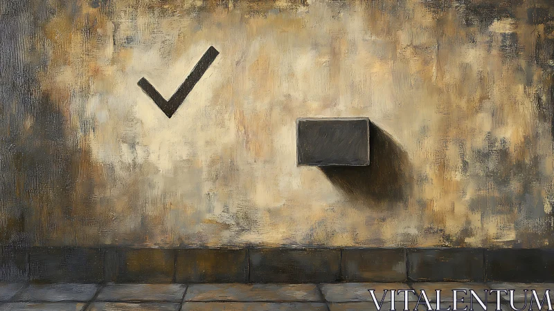 Minimalist checkmark and shadowed box on textured wall.