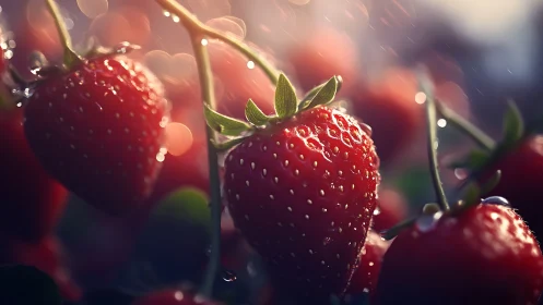 Ripe wet strawberries glow under soft bokeh garden light