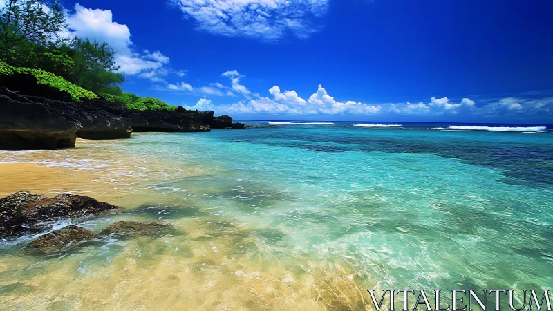 Sunlit tropical shoreline welcomes calm waves and soft sand