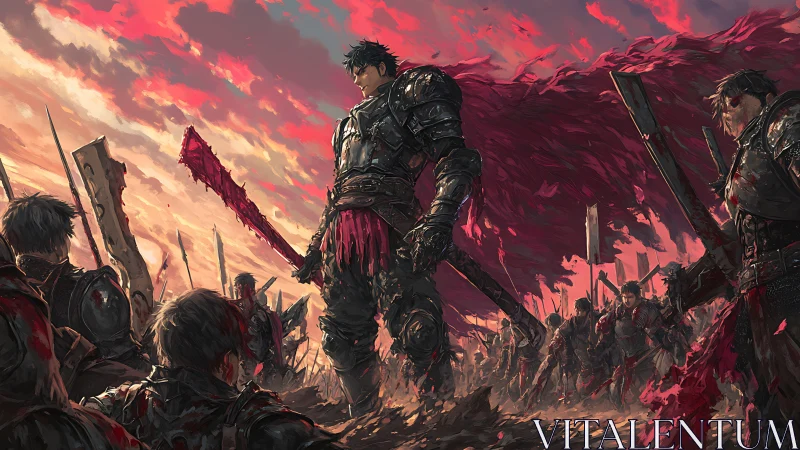 Blood-soaked warrior dominating a battlefield at dusk.