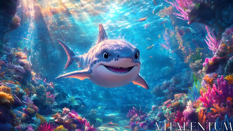Smiling cartoon shark swims through high-saturation coral reef scene
