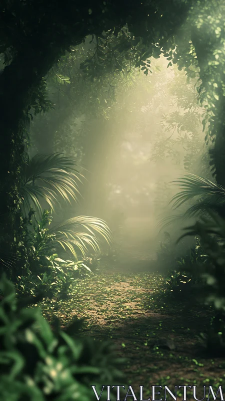 Ethereal Forest Tunnel with Dappled Sunlight Penetrating Dense Canopy