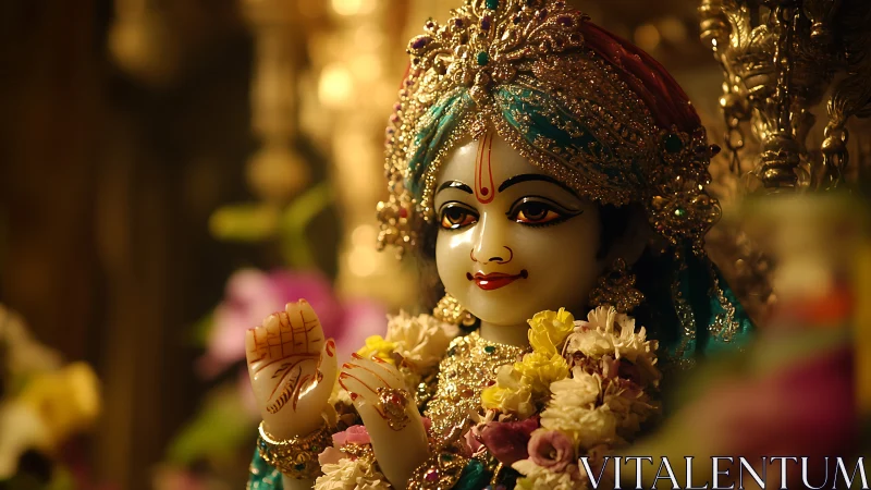 Gentle deity statue glows in warm golden temple light