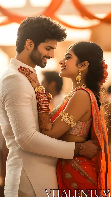Smiling Indian couple embrace in warm wedding light.