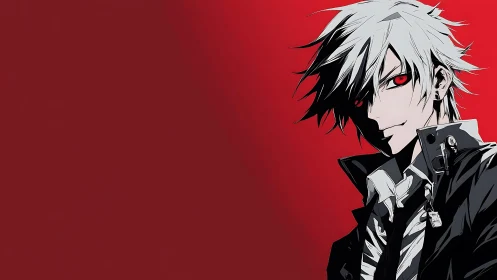 White haired anime male character on solid red background.