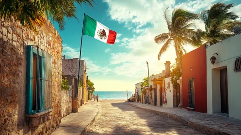 Coastal Mexican street with national flag and palm trees.