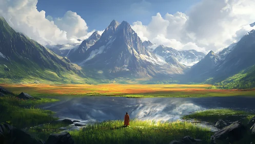 Solitary figure before vast alpine lake and sunlit peaks.