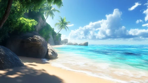 Tropical Coastal Scene with Granite Boulder Formation and Crystalline Turquoise Waters