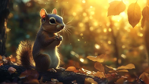 Curious squirrel glows in golden autumn forest light
