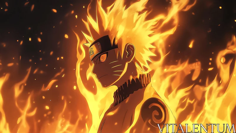 Fiery anime warrior stands engulfed in blazing chakra flames.
