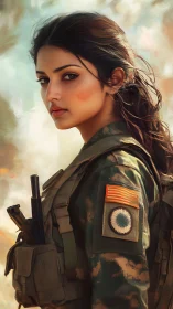 Calm young soldier gazing back with quiet, steady resolve.