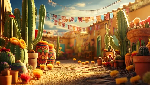 Sunlit cacti parade through a fiesta-bright desert alley