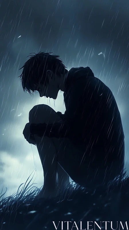 Silhouetted youth in stormlit rain, introspective profile study.