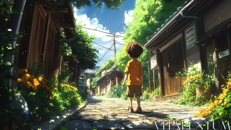 Child stands in sunlit alley between old wooden houses