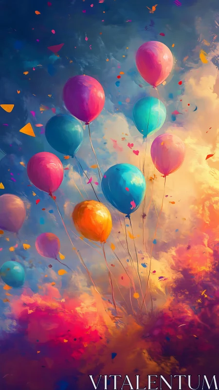 Multicolored Balloons Rising Through Layered Cloud Formation