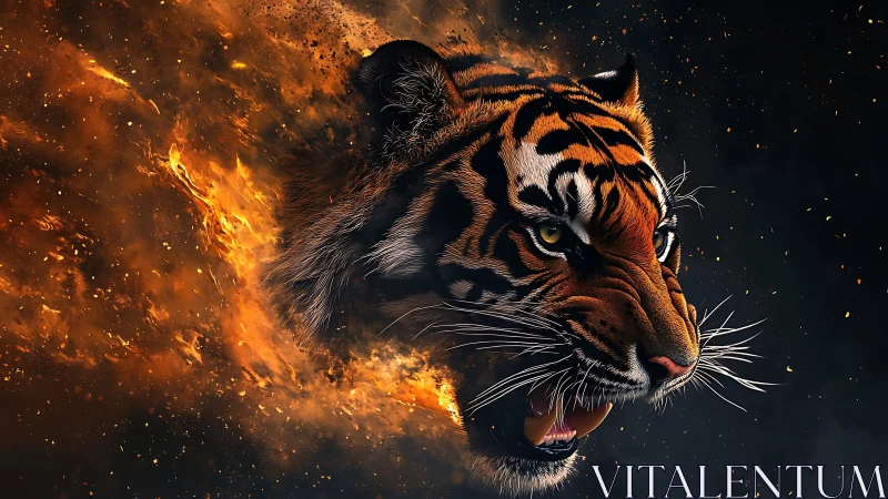 Tiger head emerging from swirling flames on dark background.
